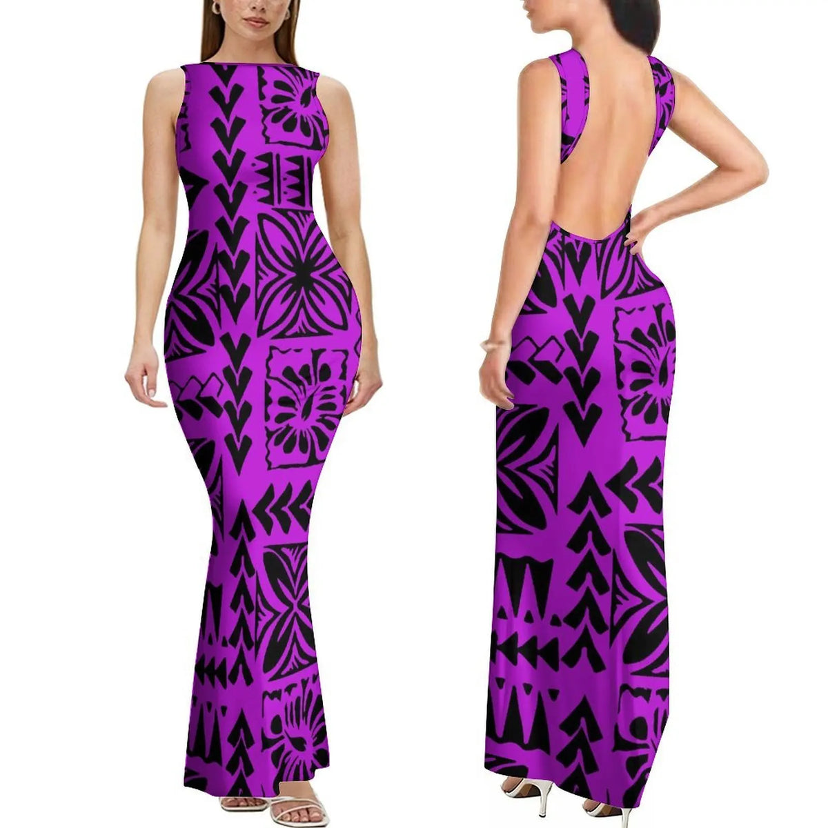 Summer Mature And Elegant Sleeveless Long Slimming And Sexy Backless Women'S Dress With Polynesian Custom Pattern