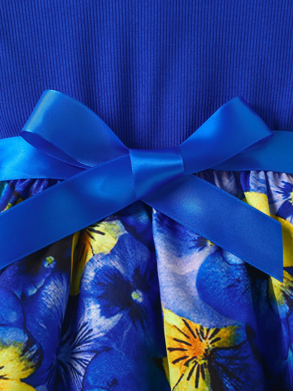 Girl's Beautiful Printed Blue Spliced Short Sleeved Dress+Belt Set Suitable for Summer Fashion Dresses for Girls Aged 2-7 Years
