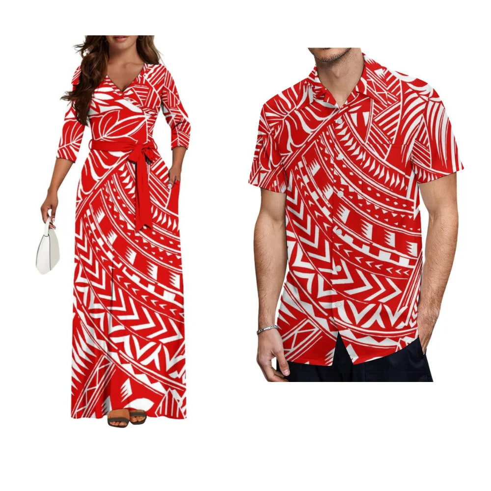 Samoa Hibiscus Flower Custom Women'S Dress Summer Autumn Long Sleeve V-Neck Temperament Dress Party Couple Dress Men'S Shirt