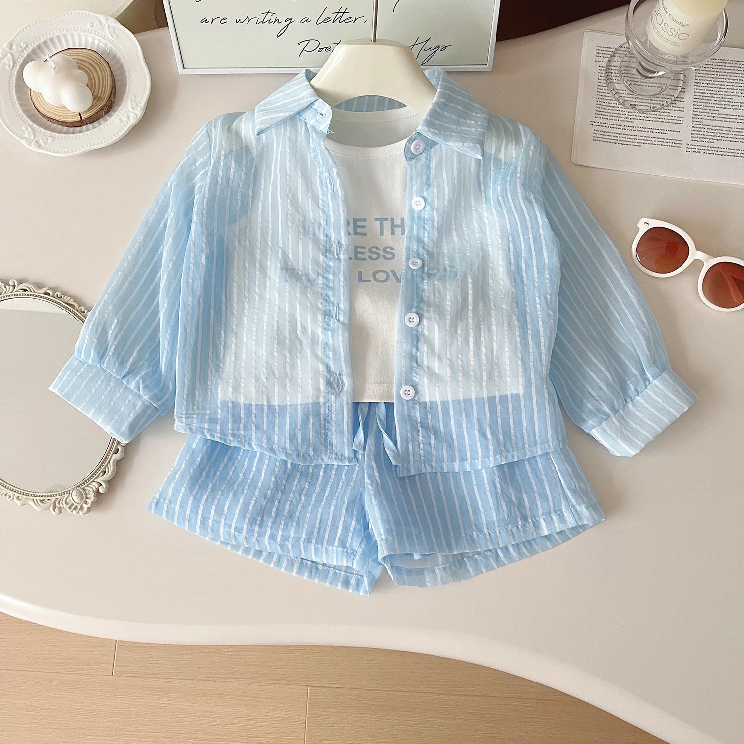 3Piece Summer Toddler Girl Clothes Korean Fashion Stripe Letter Long Sleeve Tops+Vest+Shorts Kids Clothing Children's Sets B068