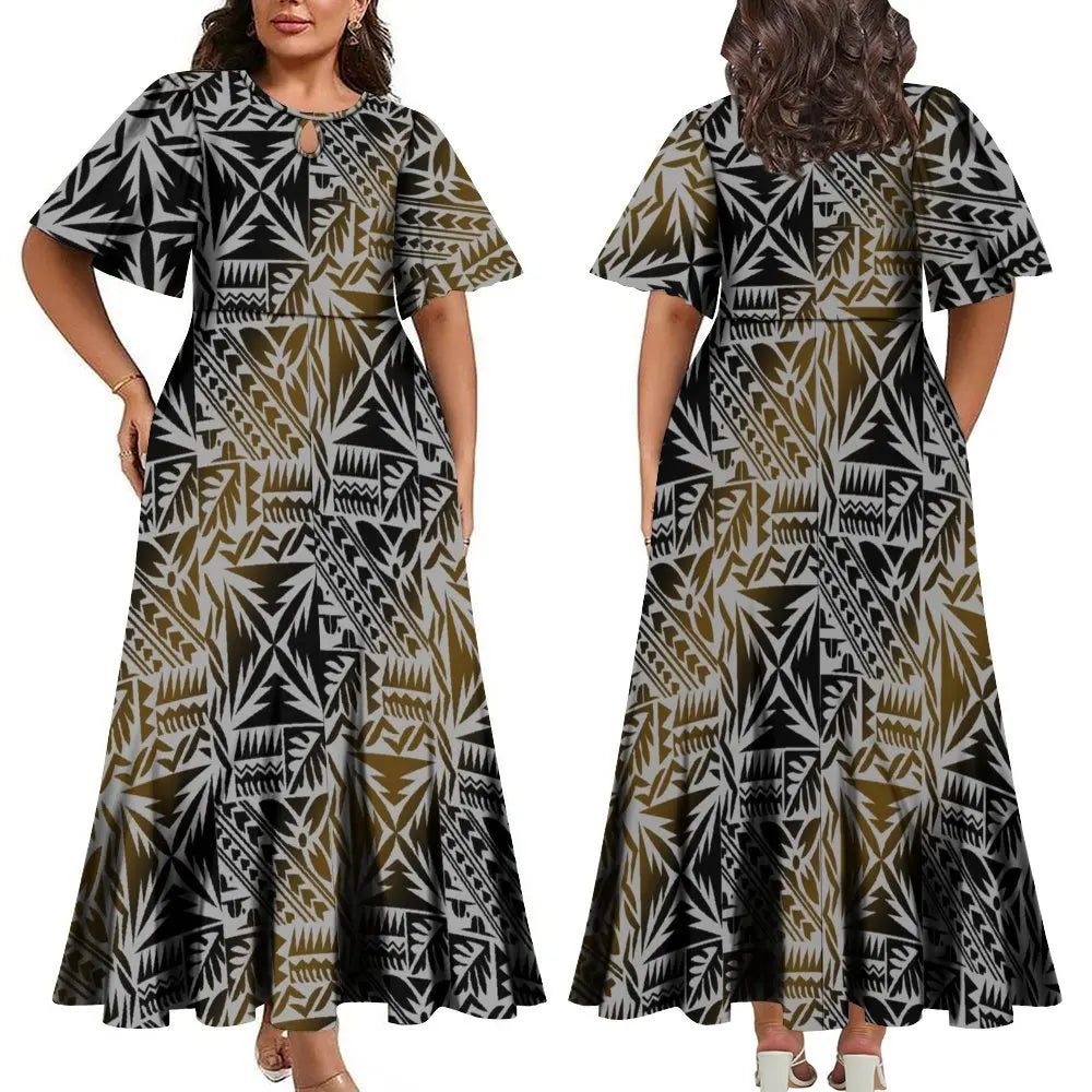 Wholesale Custom Polynesian Tribal Printed Half Flare Sleeve Long Party Dress Maxi Island Style Dress Plus Size Womens Clothing