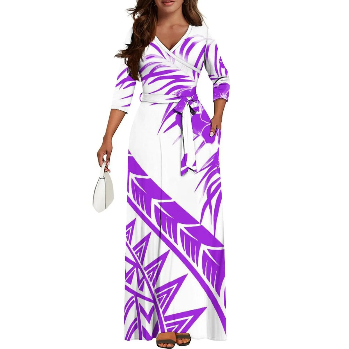 Quality Fabric Vintage Print Custom Mid-Sleeve Long Skirt Dress Polynesian Ladies Summer Fashion V-Neck Waist Binding Dress