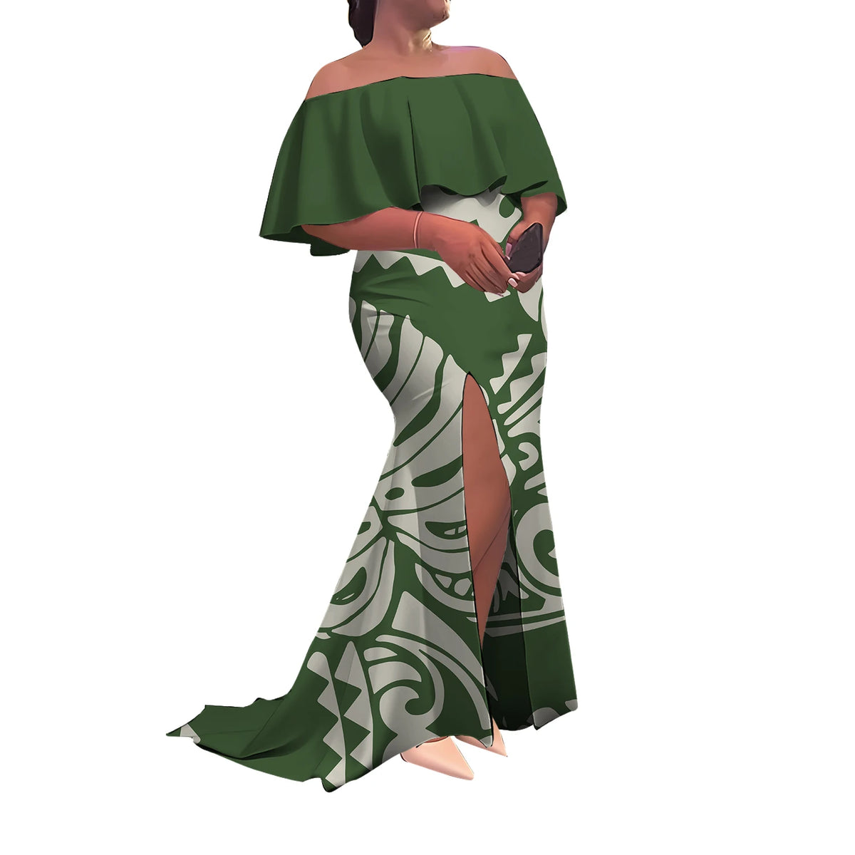 Summer Women'S Dress Elegant Half-Printed One-Shoulder Slit Long Floor-Length Polynesian Slimming Fishtail Dress