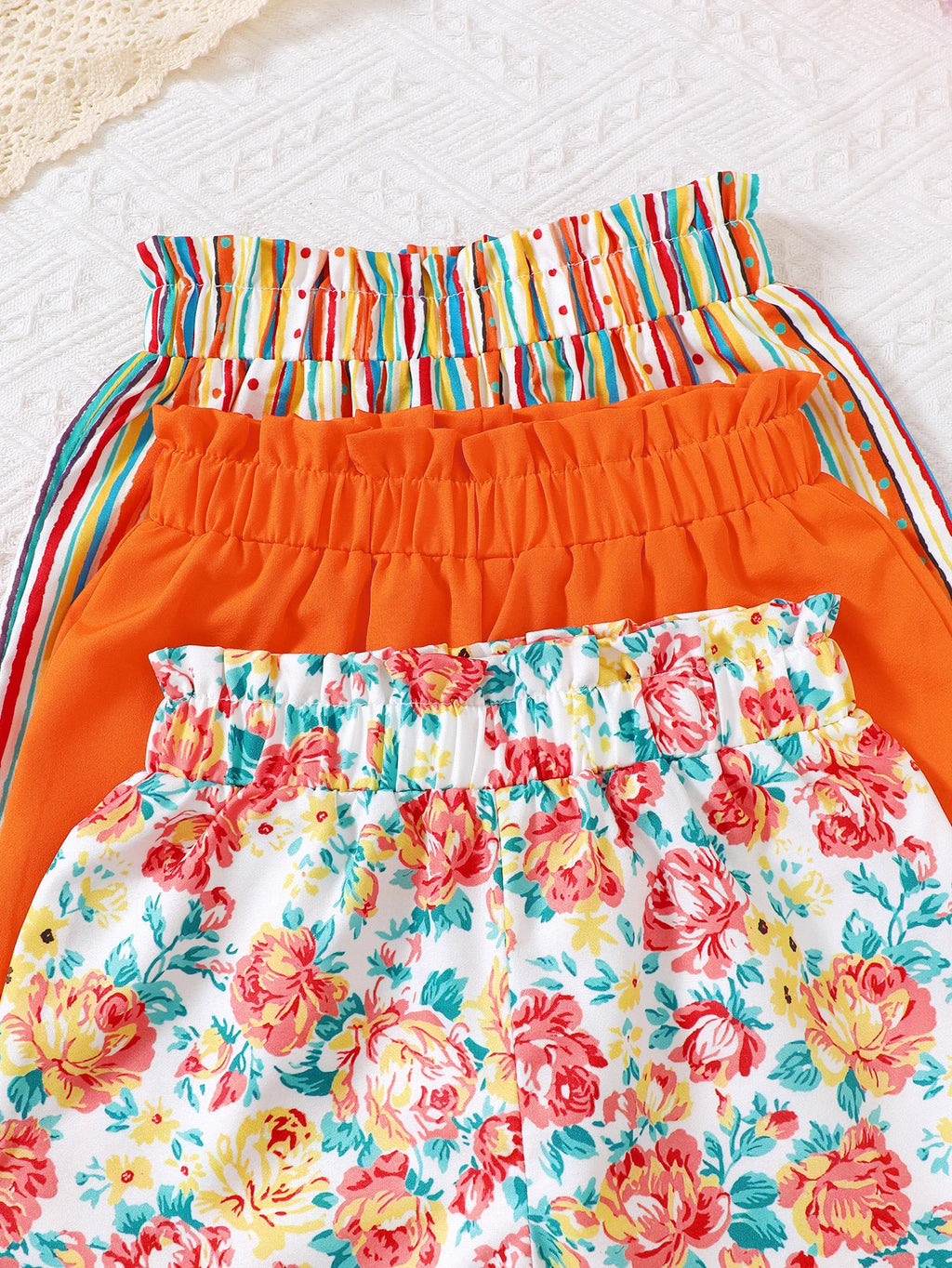 3pcs girls' floral and striped printed shorts suitable for daily outings in spring/summer, can be used as gifts