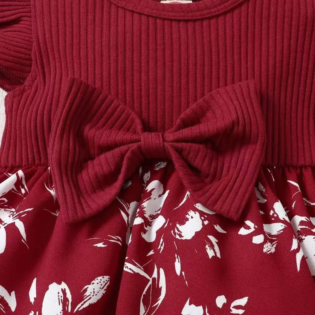 2026 Fashion Baby Girl Summer solid color breathable, wear-resistant and washable knitted top with flower print pattern dress