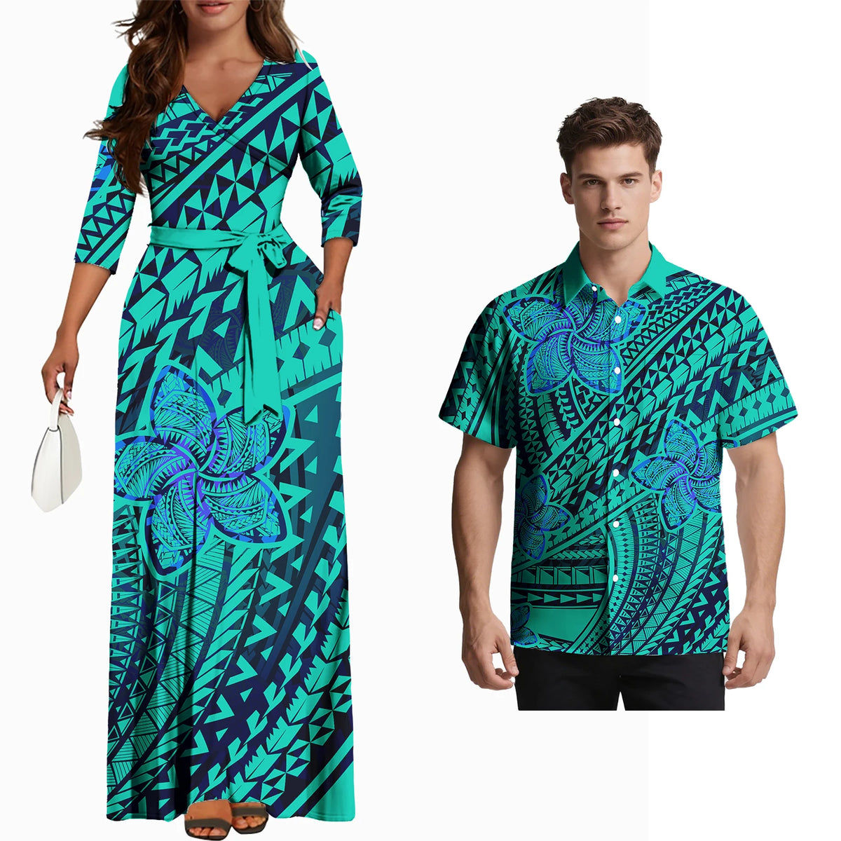 Fashion Couple Outfits Hawaiian Men Pocket Shirts Samoan Women V-Neck Flowers Laceup Long Dress Polynesian Couple of Set Custom