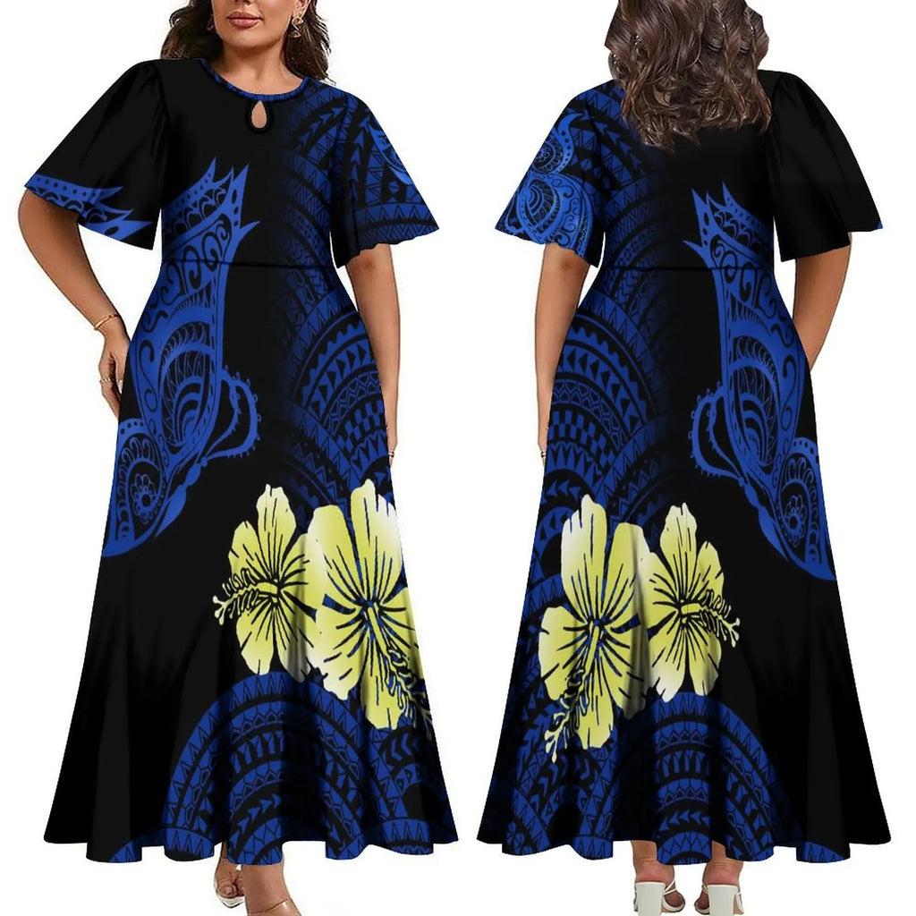 Wholesale Custom Polynesian Tribal Printed Half Flare Sleeve Long Party Dress Maxi Island Style Dress Plus Size Womens Clothing