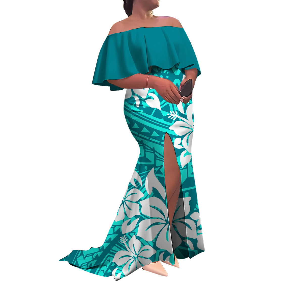 Summer Women'S Dress Elegant Half-Printed One-Shoulder Slit Long Floor-Length Polynesian Slimming Fishtail Dress