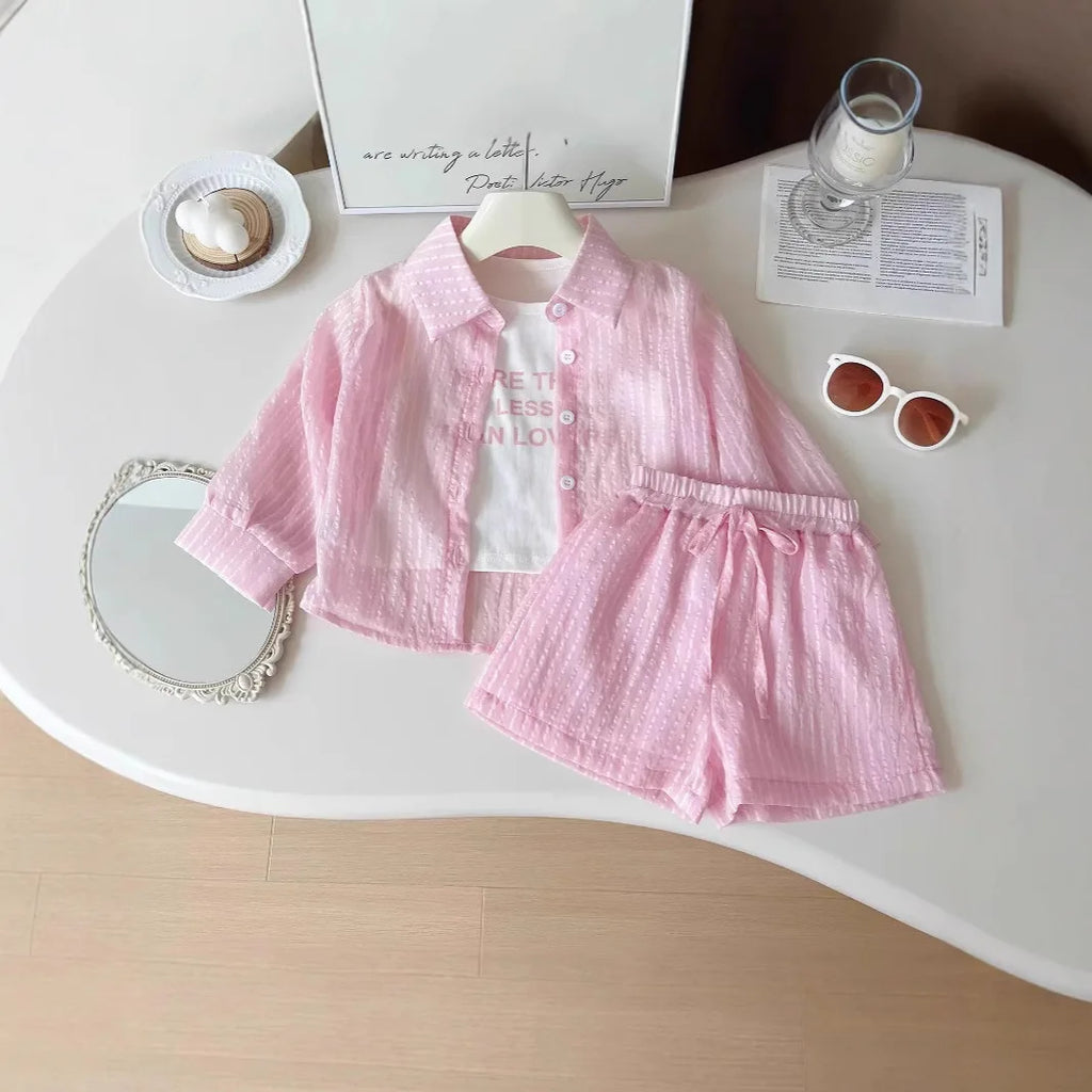 3Pcs Girls Clothing Sets Summer Cool Blouse Shirt+shorts+T-shirt Children Clothes Suits New Kids Outfits Set 2-7Yrs