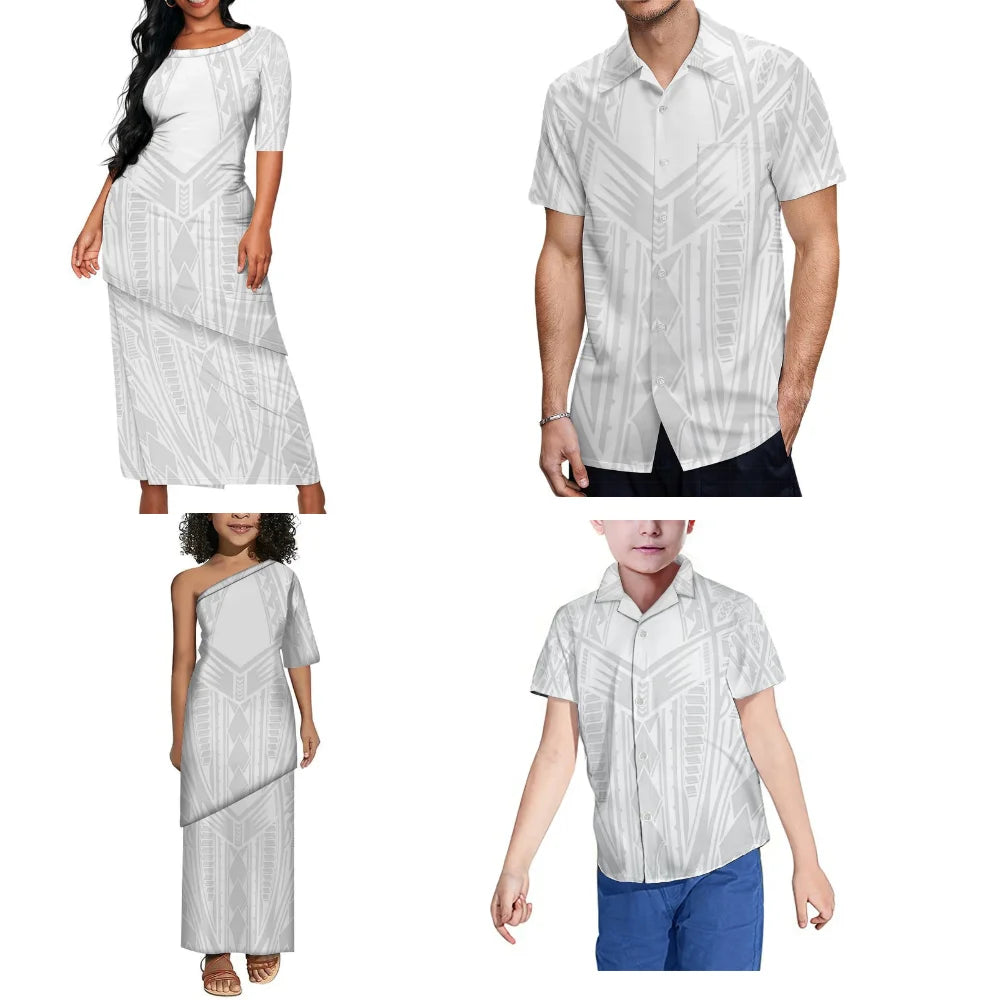 Women'S White Sunday Dress Set Samoa Puletasi Family Party Set Polynesian Ethnic Mother'S Day And Men'S Pocket Shirt