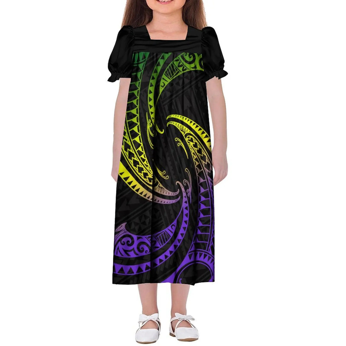 Custom Wholesale Polynesian Girls Dress Summer Puffed Sleeves Design Children'S Long Skirt Loose Dress Tribal Floral Print