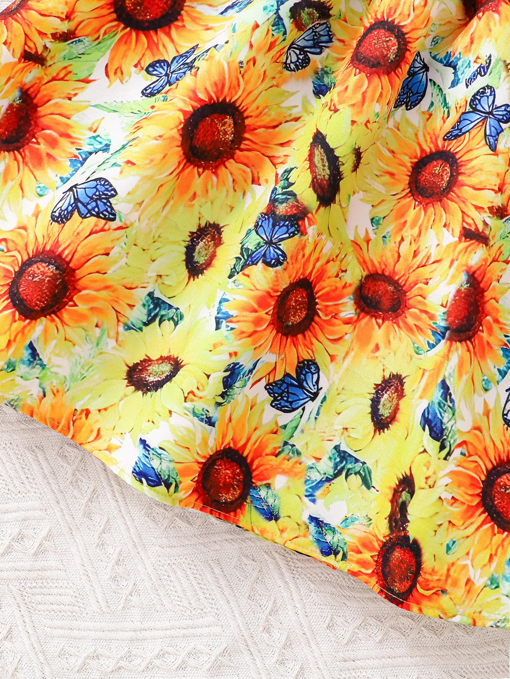Yellow Sunflower Lively and Cute Little Girl Casual Dress Summer Thin Style, Toddler Girl Flutter Sleeve Round Neck Bow Tie Waist Dress Summer Breathable Children's Outing Holiday Party Gift Vacation Fashion Sweet Lady Style