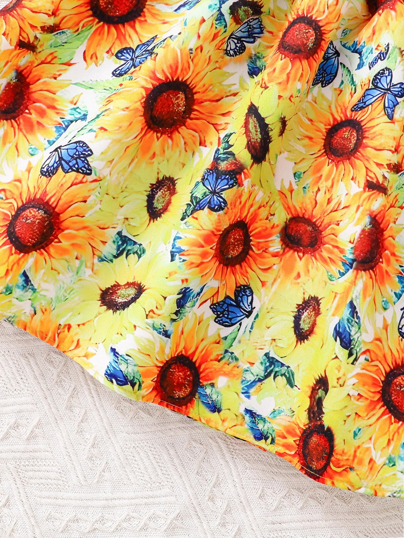 Yellow Sunflower Lively and Cute Little Girl Casual Dress Summer Thin Style, Toddler Girl Flutter Sleeve Round Neck Bow Tie Waist Dress Summer Breathable Children's Outing Holiday Party Gift Vacation Fashion Sweet Lady Style