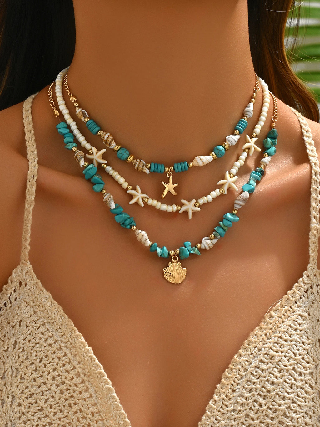 3Pcs Set Layered Turquoise Shell Starfish Necklace for Women Boho Beaded Necklaces Summer Beach Vacation Party Jewelry