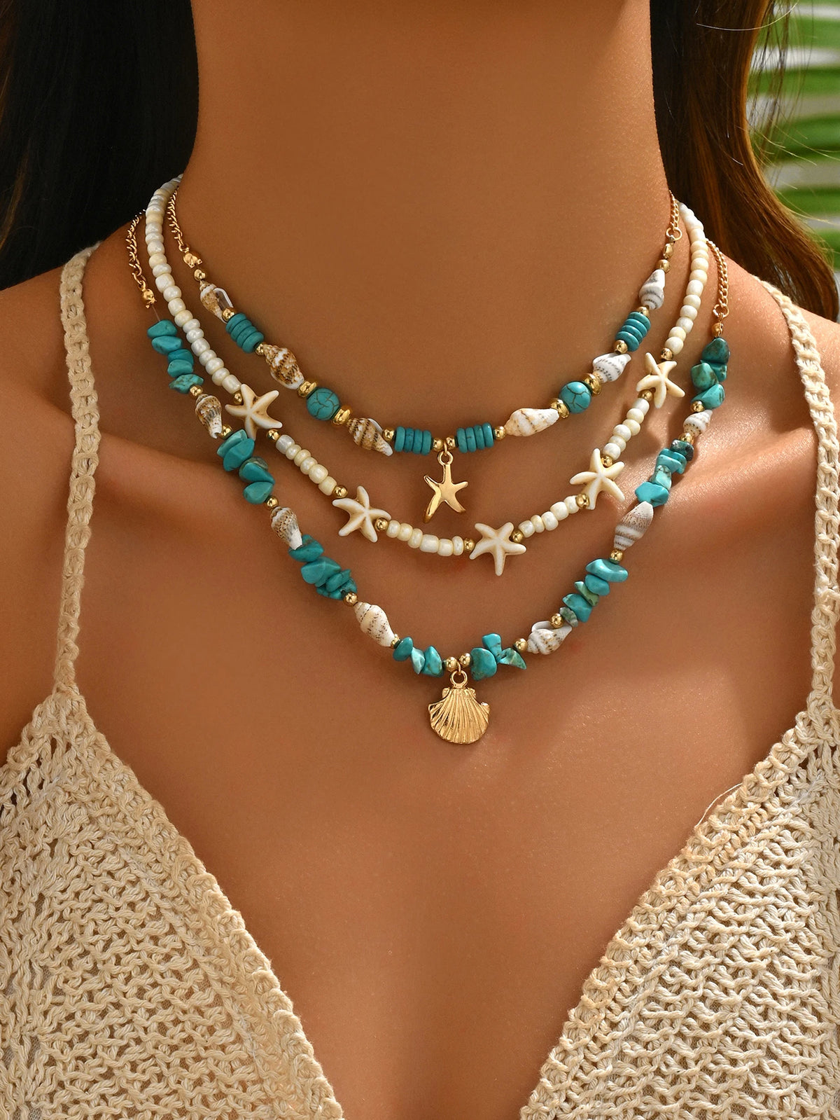 3Pcs Set Layered Turquoise Shell Starfish Necklace for Women Boho Beaded Necklaces Summer Beach Vacation Party Jewelry