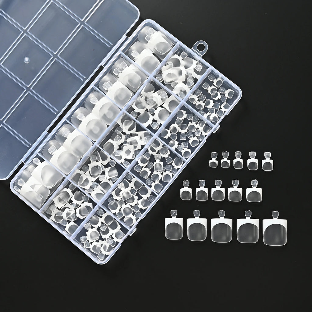 150Pcs Pink White French Press On Toenails 15-Sizes Short Square Fake Toe Nails White Edge Design Wearable False Foot Nail Tips