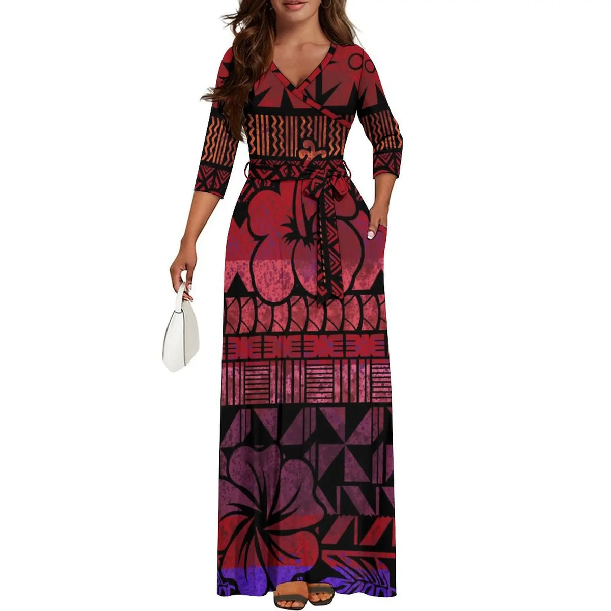Tribal Ethnic Style Women'S Dress Fiji Samoa Custom Dress Polynesian Ladies Banquet Dress Elegant V-Neck Short-Sleeved Dress