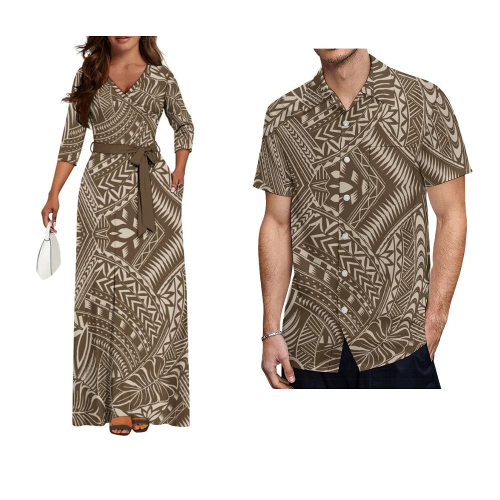 Samoa Hibiscus Flower Custom Women'S Dress Summer Autumn Long Sleeve V-Neck Temperament Dress Party Couple Dress Men'S Shirt