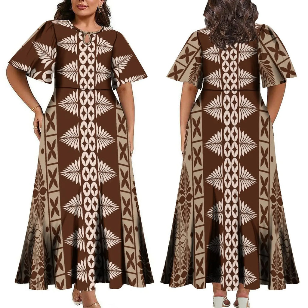 Wholesale Custom Polynesian Tribal Printed Half Flare Sleeve Long Party Dress Maxi Island Style Dress Plus Size Womens Clothing