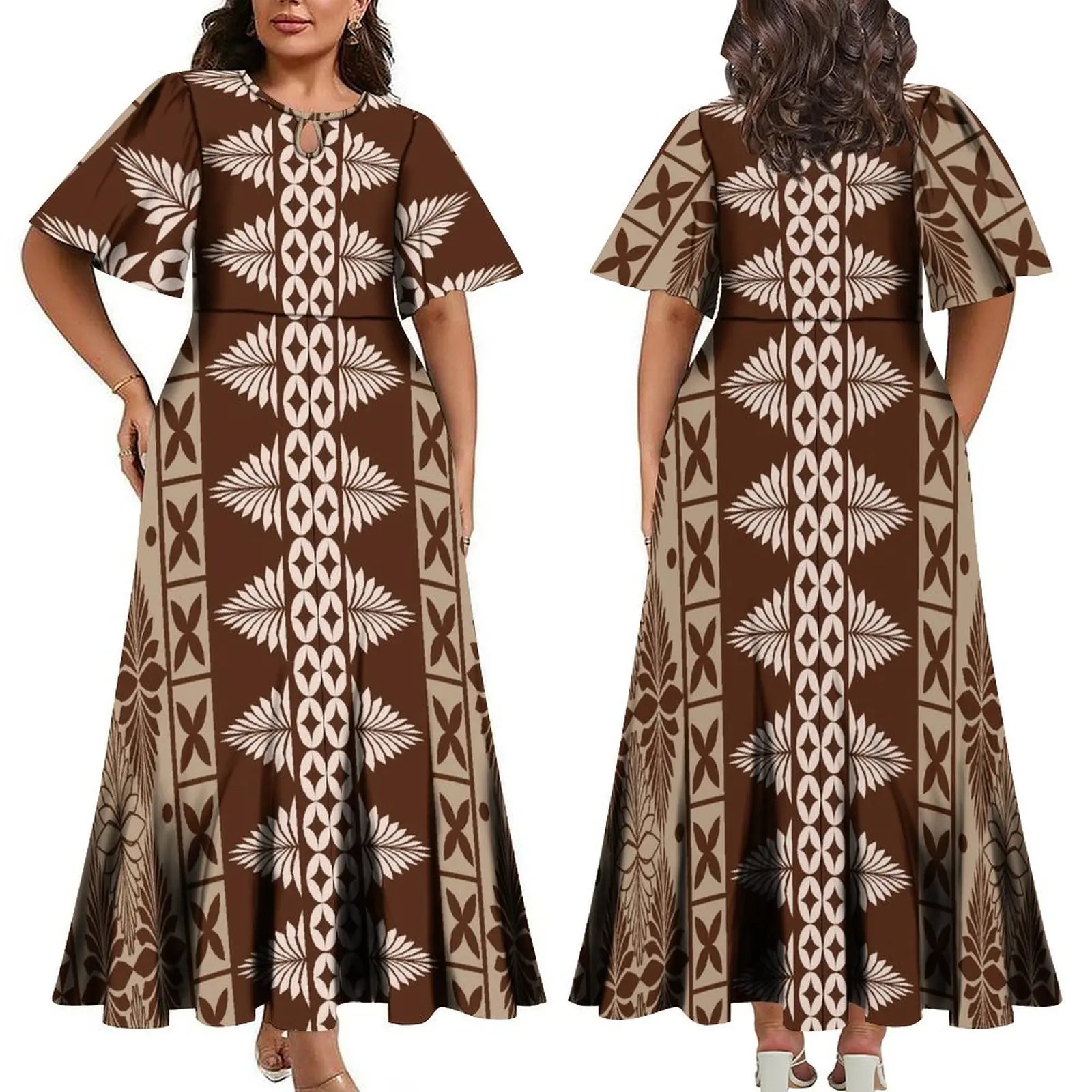 Wholesale Custom Polynesian Tribal Printed Half Flare Sleeve Long Party Dress Maxi Island Style Dress Plus Size Womens Clothing
