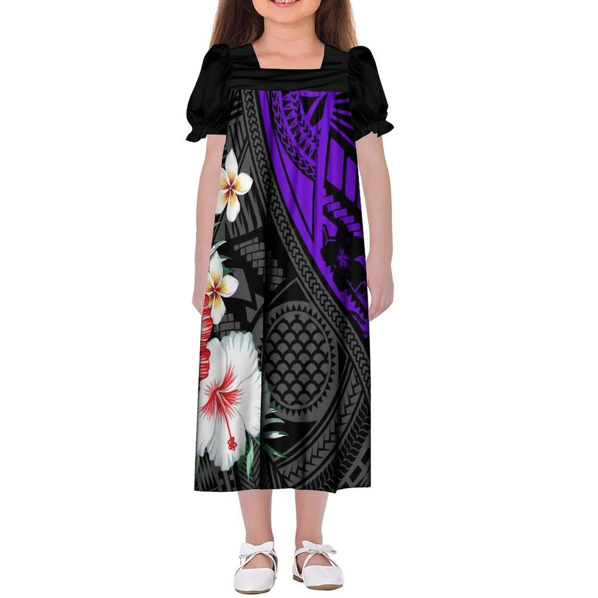 Custom Wholesale Polynesian Girls Dress Summer Puffed Sleeves Design Children'S Long Skirt Loose Dress Tribal Floral Print
