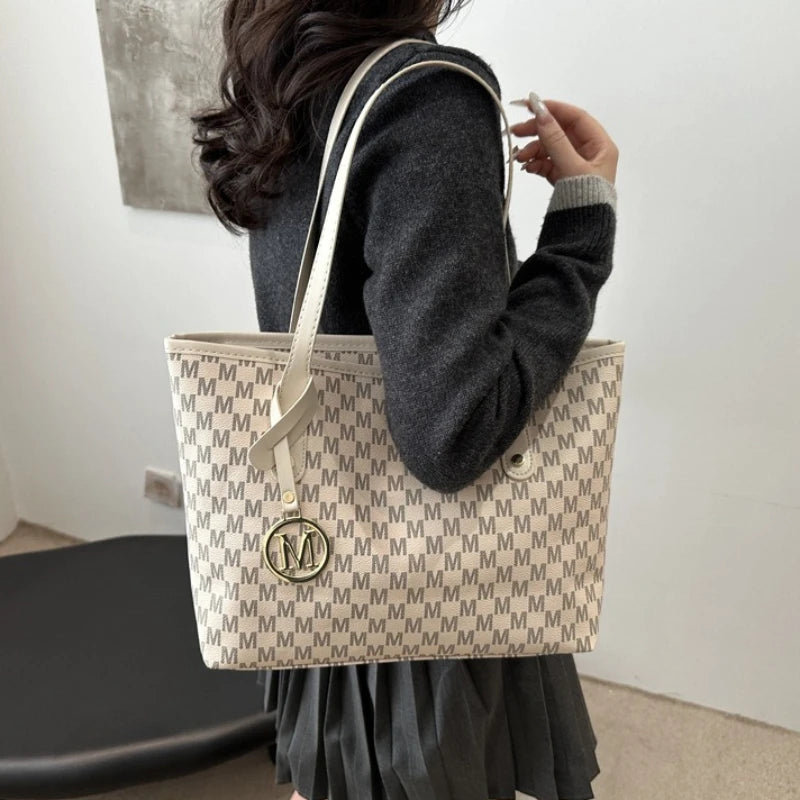 Elegant Monogram Tote Bag with Detachable Gold M Charm Faux Leather Handles Large Capacity Work Commuter Travel Shoulder Purse