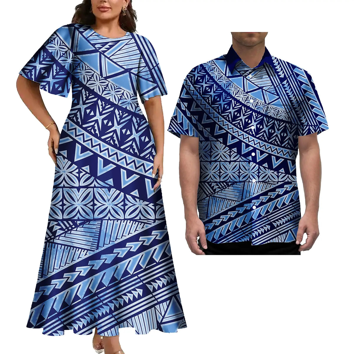 Print Couples Matching Puletasi Dress and Hawaiian Shirt Polynesian Traditional Pattern Aloha Shirt Two-piece Dress Outfit