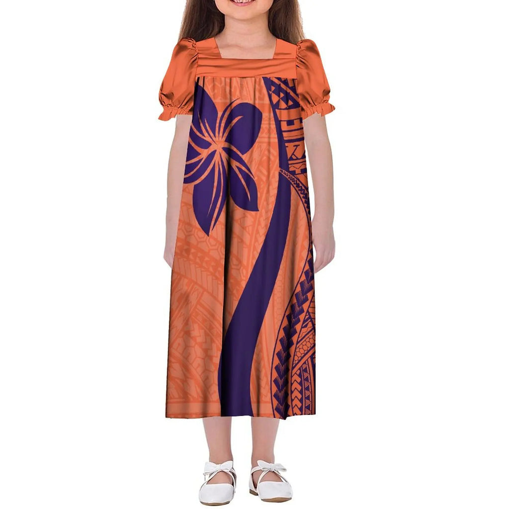 Custom Wholesale Polynesian Girls Dress Summer Puffed Sleeves Design Children'S Long Skirt Loose Dress Tribal Floral Print