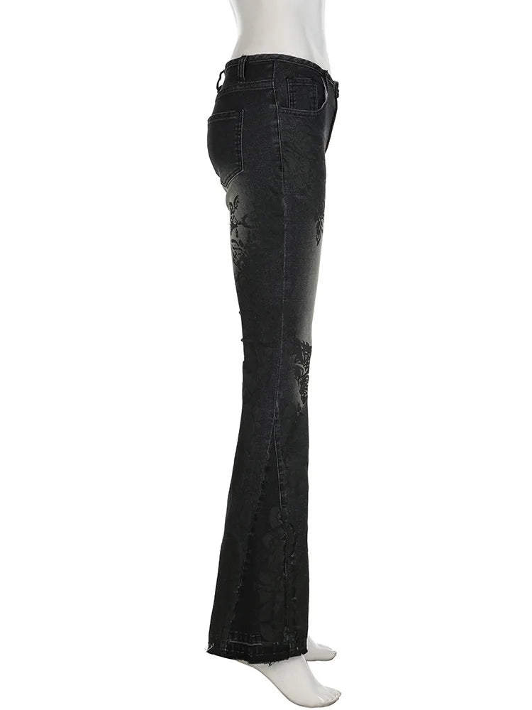 Women's Jeans  New American Retro Street Style Plant Print Washed Vintage Low-Rise Flare Pants Trendy Versatile