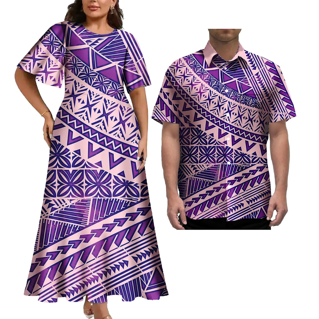 Print Couples Matching Puletasi Dress and Hawaiian Shirt Polynesian Traditional Pattern Aloha Shirt Two-piece Dress Outfit