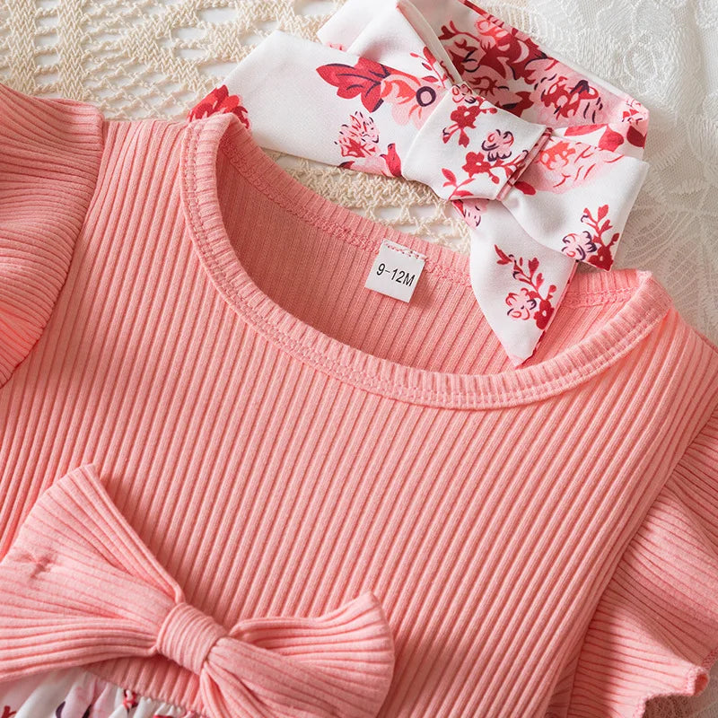 Summer Floral Print Dress for Baby Girls with Flutter Sleeves Elegant round Neck European American Style Party Gown