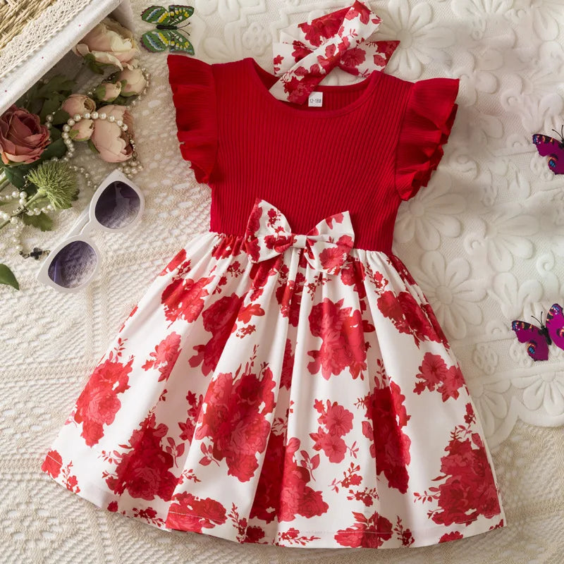 Summer Floral Print Dress for Baby Girls with Flutter Sleeves Elegant round Neck European American Style Party Gown